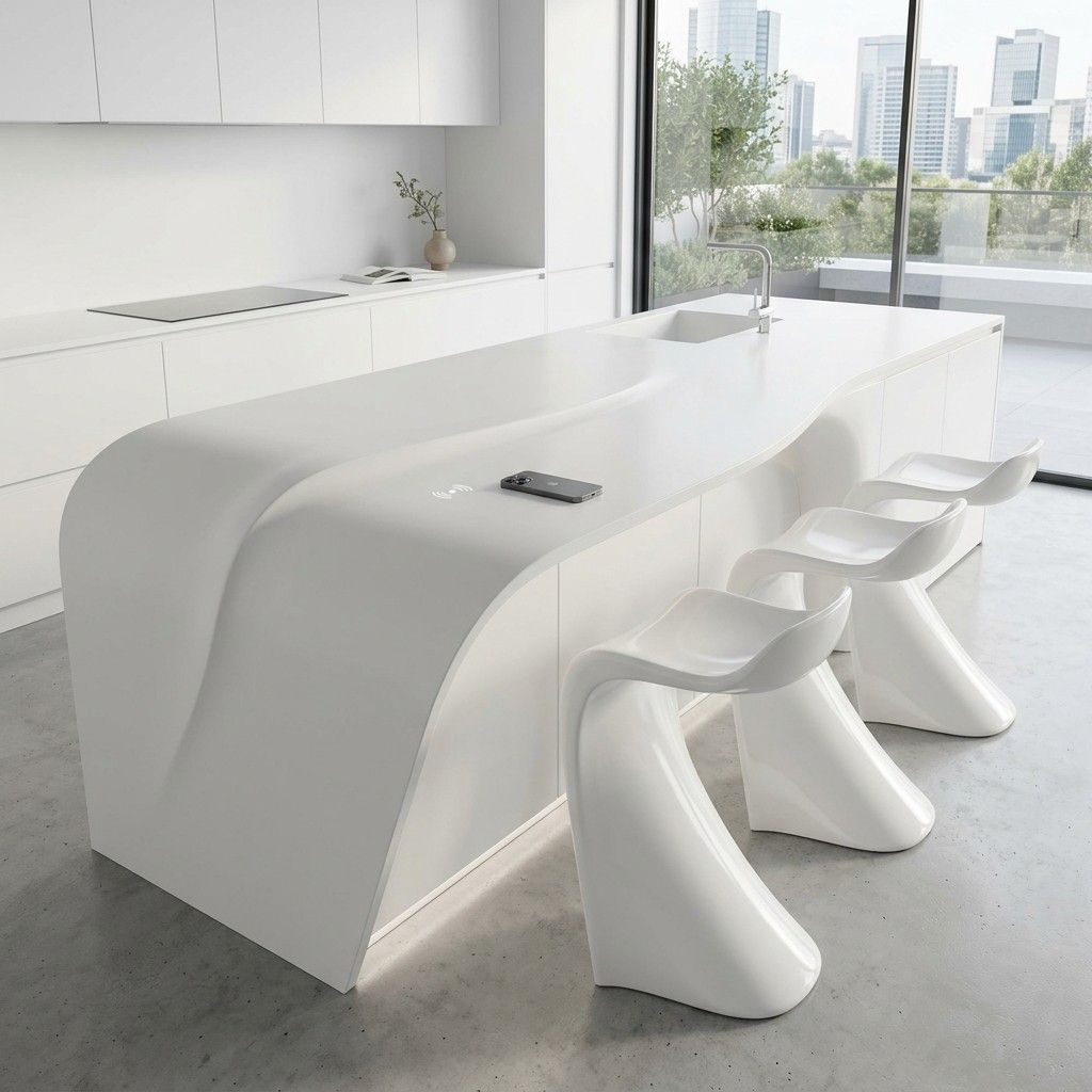 25 Stunning Kitchen Island Ideas with Seating for Modern Homes 13Futuristic white kitchen island 202605201134