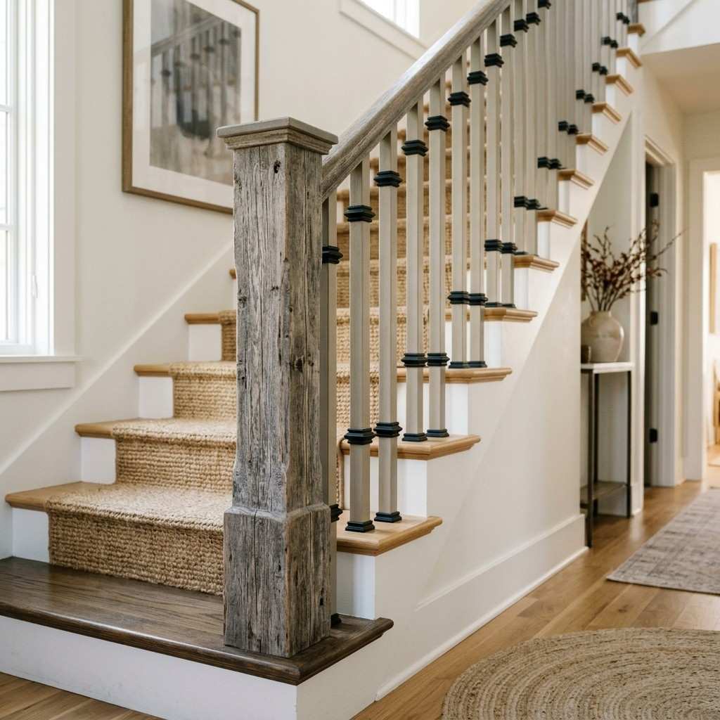 14Driftwood newel post metal collars 202605161416