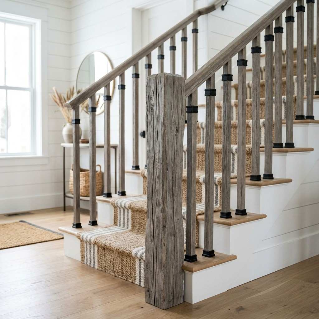 14Driftwood newel post metal collars 202605171020