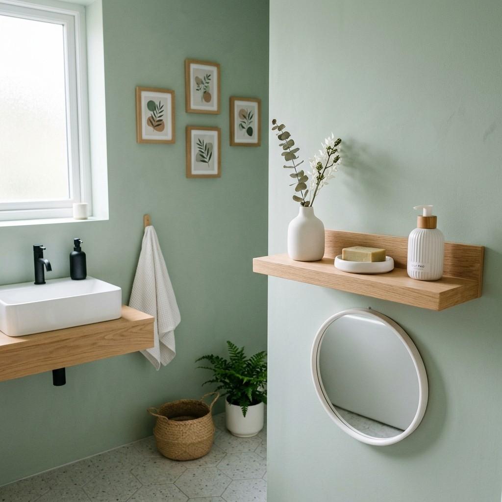 14Green bathroom with oak shelf 202605151411