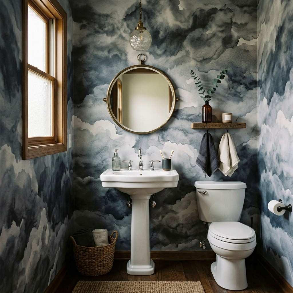 18Half bath with cloudscape wallpaper 202605301236