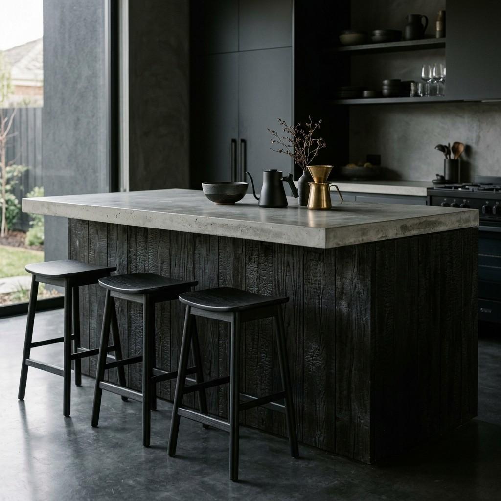 25 Stunning Kitchen Island Ideas with Seating for Modern Homes 18Kitchen island with charred timber 202605201137