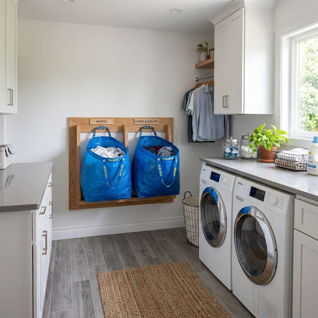 20 Smart IKEA Hacks to Organize Your Home 18Laundry room with blue hampers 202605212158