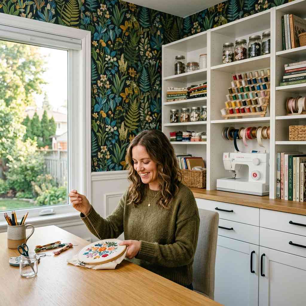 19Craft room with botanical wallpaper 202605301847