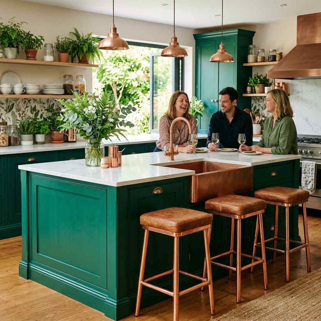25 Stunning Kitchen Island Ideas with Seating for Modern Homes 23Emerald kitchen island copper fi 202605201149