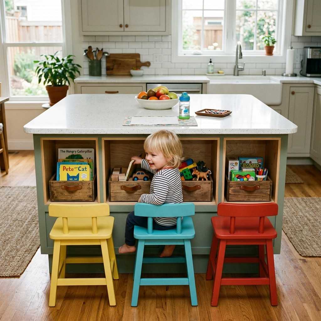 25 Stunning Kitchen Island Ideas with Seating for Modern Homes 25Family kitchen island toy storage 202605201150