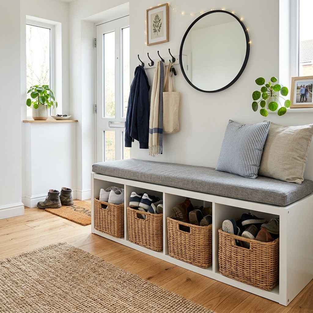 20 Smart IKEA Hacks to Organize Your Home 2Entryway bench with cushion baskets 202605212152