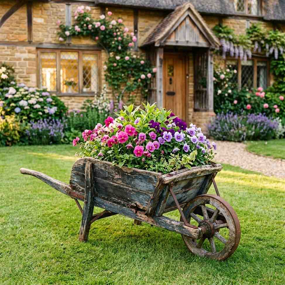 2Wheelbarrow planters overflowing 202605222229