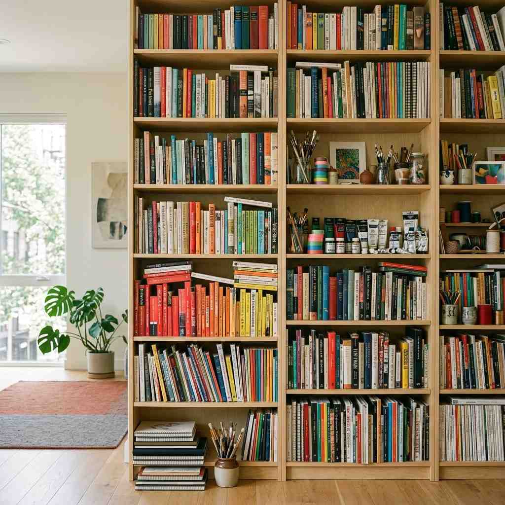 4Bookshelf stacks with colorful b 202605301839