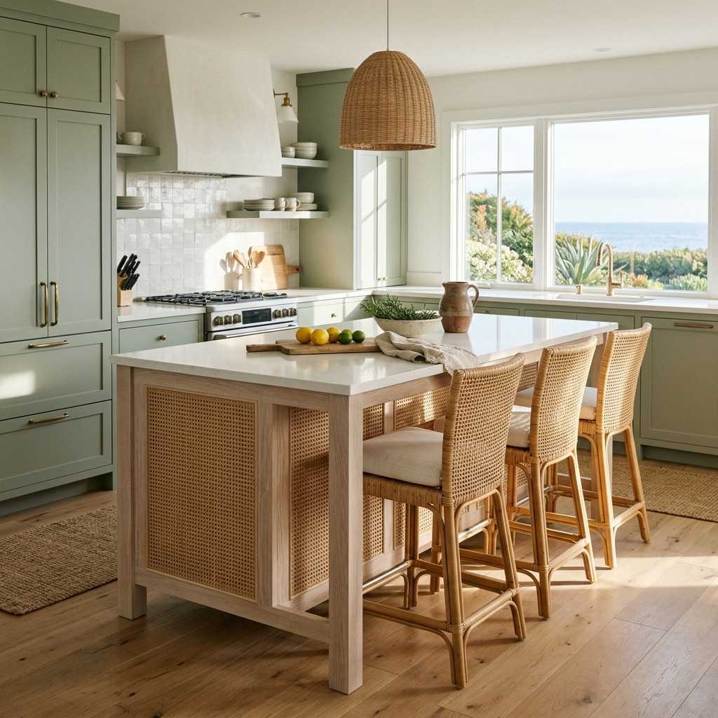 25 Stunning Kitchen Island Ideas with Seating for Modern Homes 4Kitchen island with rattan chairs 202605201128