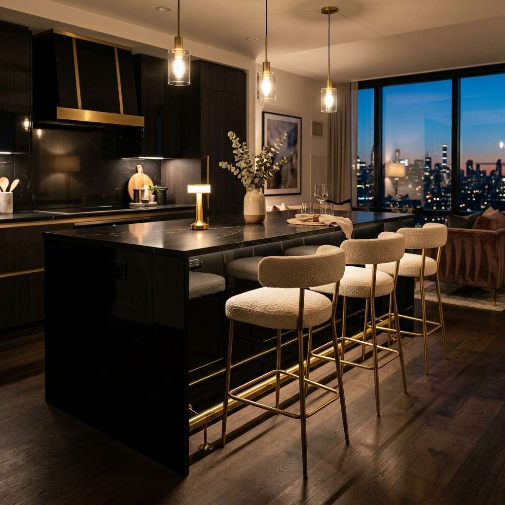 25 Stunning Kitchen Island Ideas with Seating for Modern Homes 5Black kitchen island with stools 202605201128