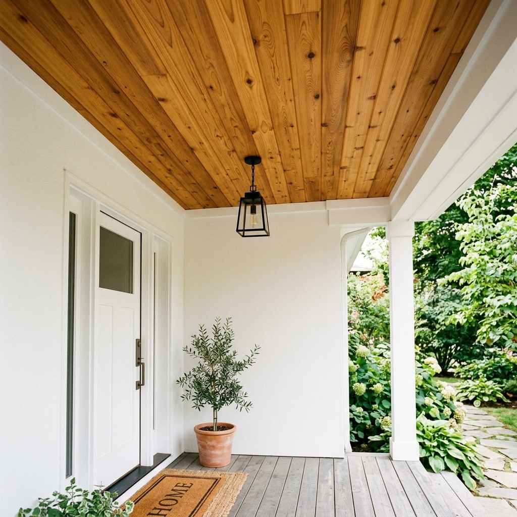 30 Awesome Modern Small Front Porch Ideas to Boost Curb Appeal 10Cedar ceiling on front porch 202606111410