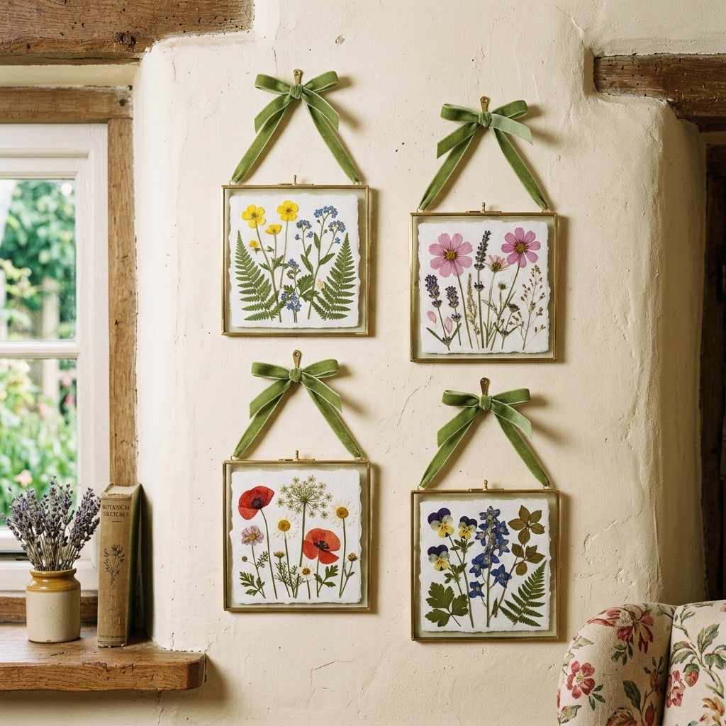 30 Cottagecore Living Room Ideas That Feel Cozy and Whimsical 11Pressed flower frames hanging wall 202606141848