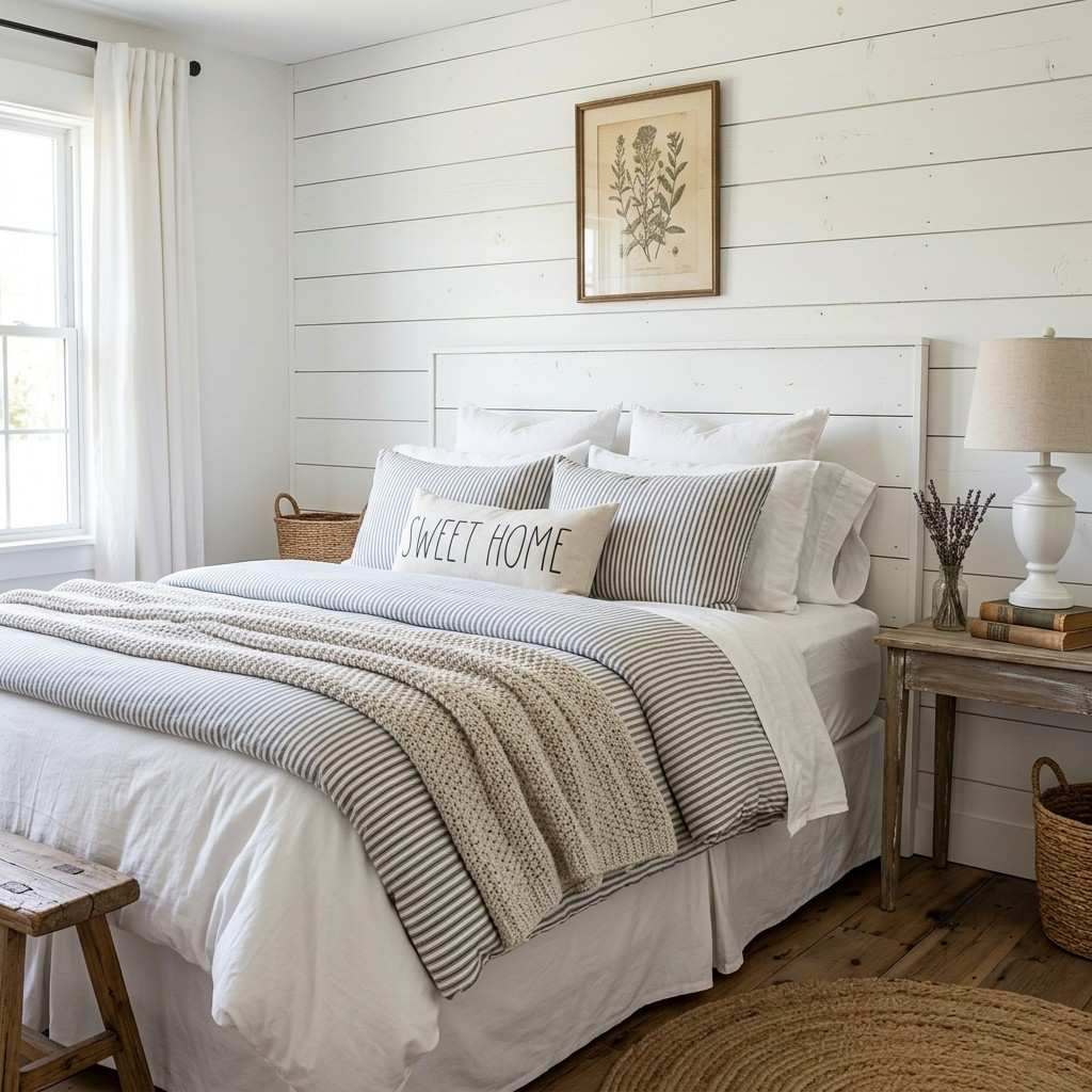 12Shiplap board headboard behind bed 202606101440