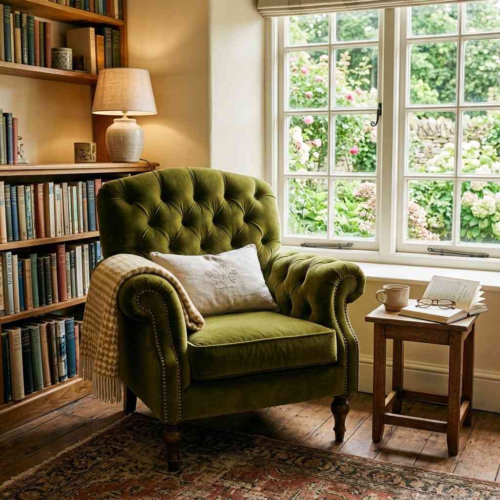 30 Cottagecore Living Room Ideas That Feel Cozy and Whimsical 12Velvet armchair in reading nook 202606141848