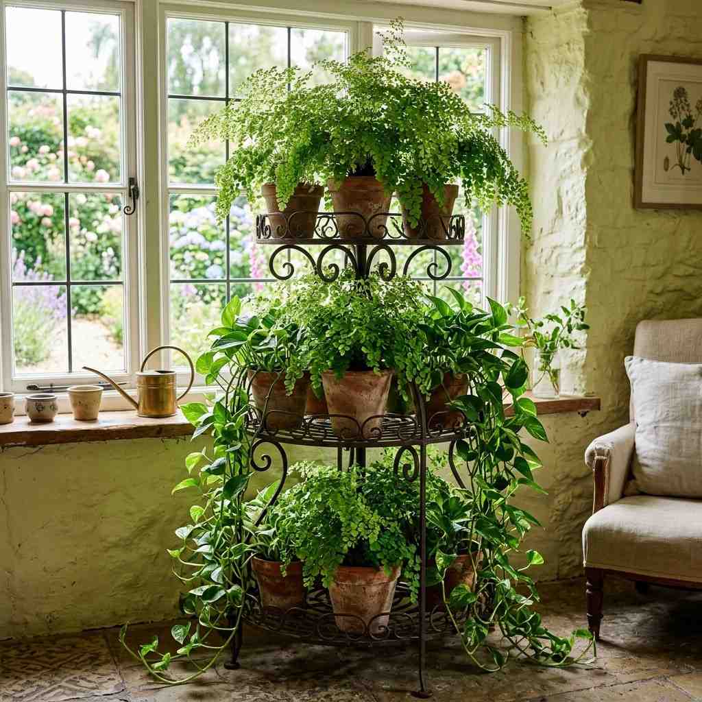 30 Cottagecore Living Room Ideas That Feel Cozy and Whimsical 13Wrought iron plant stand ferns 202606141848
