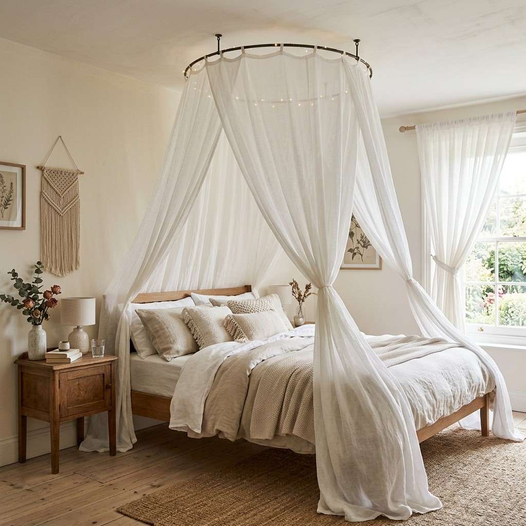 14Hanging fabric canopy headboard bed 202606101441