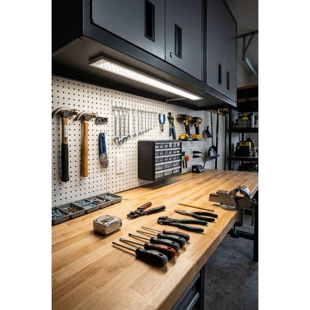 25 Easy Garage Design Interior Storage Ideas for a Clean Space 14LED lighting garage workbench co 202606091904