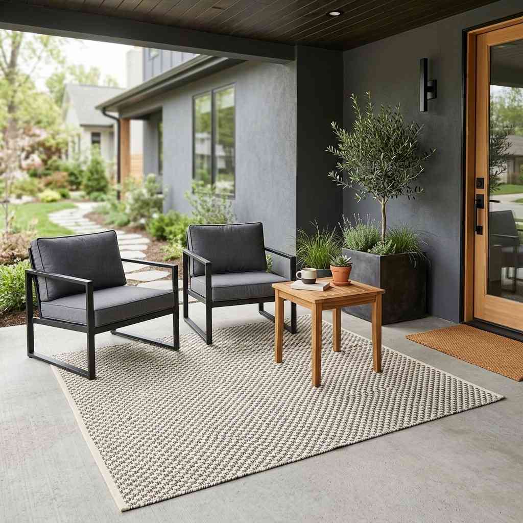 30 Awesome Modern Small Front Porch Ideas to Boost Curb Appeal 14Rug on modern front porch 202606111550