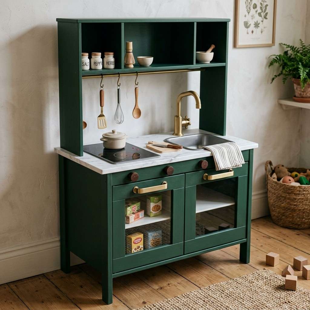 30 Genius IKEA Kids Playroom Ideas for a Stylish, Organized Space 14Upcycled play kitchen deep green 202606071838