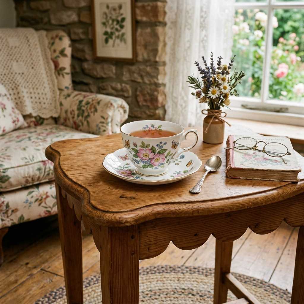 30 Cottagecore Living Room Ideas That Feel Cozy and Whimsical 14Wooden table holding teacup 202606141849