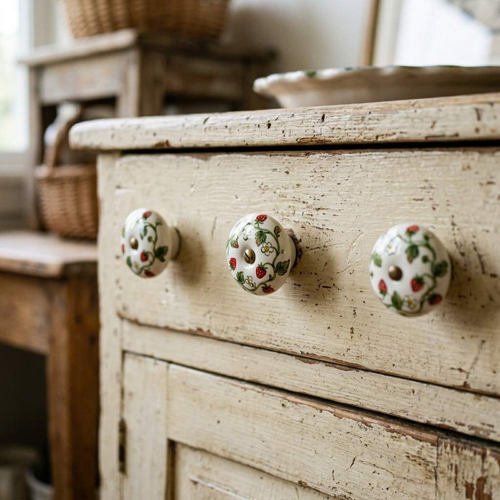 30 Cottagecore Living Room Ideas That Feel Cozy and Whimsical 15Ceramic knobs with strawberry vines 202606141849