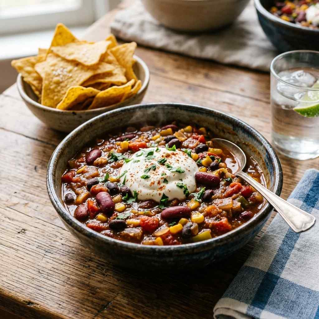 20 Affordable and Simple Dinner Ideas to Feed a Large Family Without Breaking the Bank 15Vegetarian chili bowl with beans 202606061823