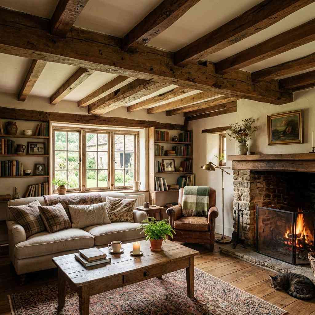 30 Cottagecore Living Room Ideas That Feel Cozy and Whimsical 16Ceiling timber beams country liv 202606141851