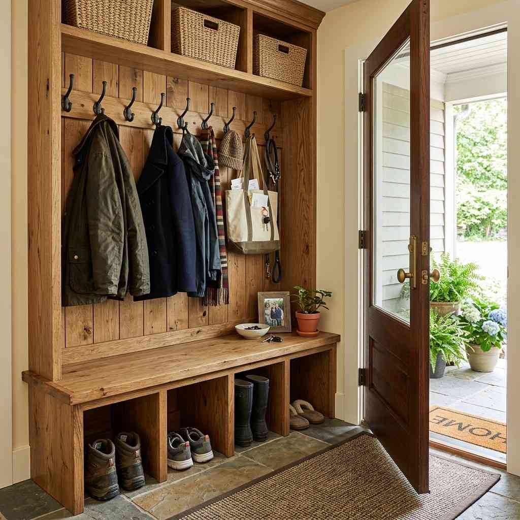 25 Easy Garage Design Interior Storage Ideas for a Clean Space 16Mudroom drop zone wooden bench 202606091906