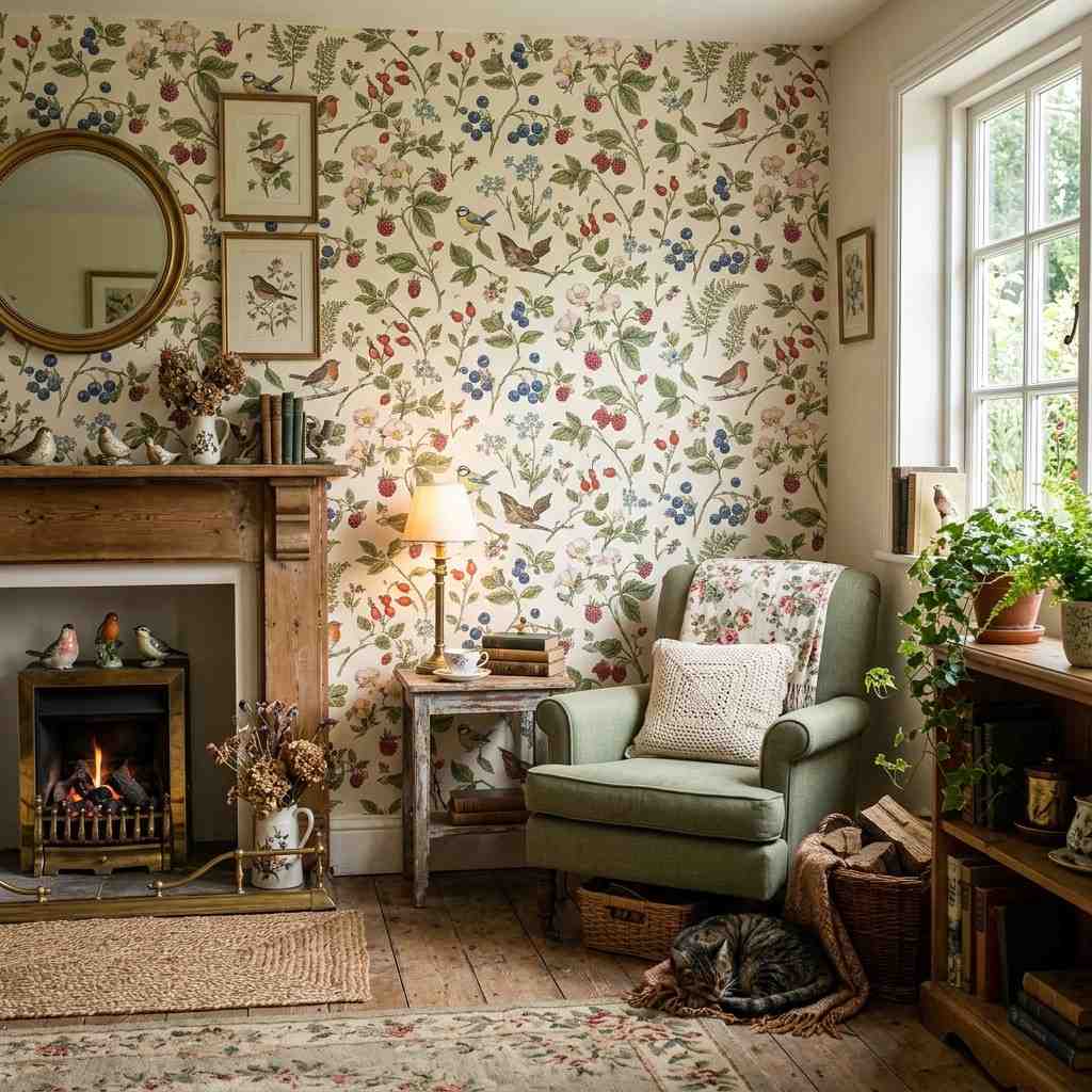 30 Cottagecore Living Room Ideas That Feel Cozy and Whimsical 17Floral wallpaper with berries birds 202606141851