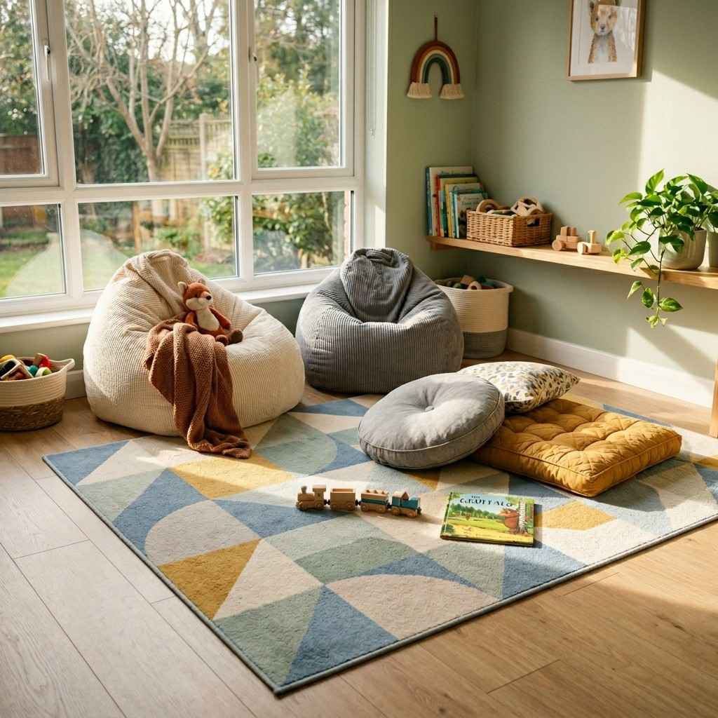 30 Genius IKEA Kids Playroom Ideas for a Stylish, Organized Space 17Playroom rug zone with cushions 202606071842
