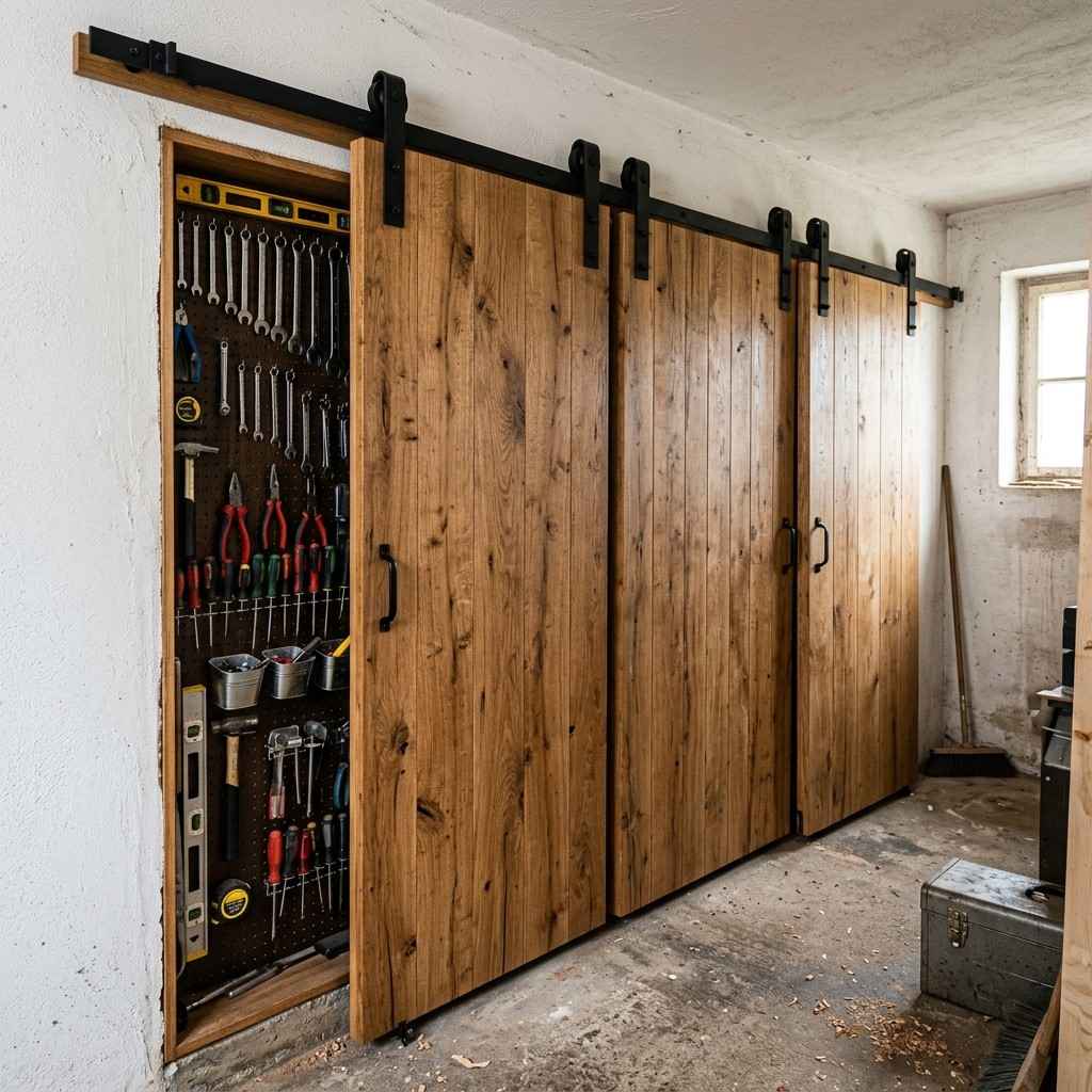 25 Easy Garage Design Interior Storage Ideas for a Clean Space 17Sliding wood panels concealing t 202606091906