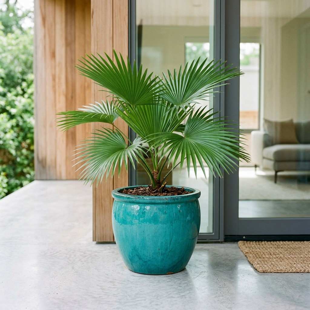 30 Awesome Modern Small Front Porch Ideas to Boost Curb Appeal 17Teal pot holding fan palm 202606111552