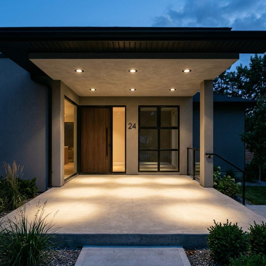 30 Awesome Modern Small Front Porch Ideas to Boost Curb Appeal 18Flush mounted spotlights shining 202606111553