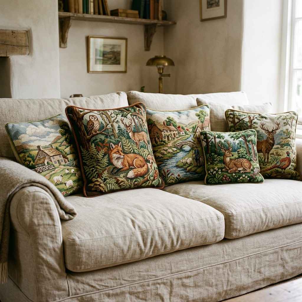 30 Cottagecore Living Room Ideas That Feel Cozy and Whimsical 18Needlepoint pillows on sofa 202606141851