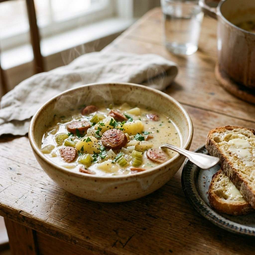 20 Affordable and Simple Dinner Ideas to Feed a Large Family Without Breaking the Bank 18Potato sausage soup with toast 202606061826