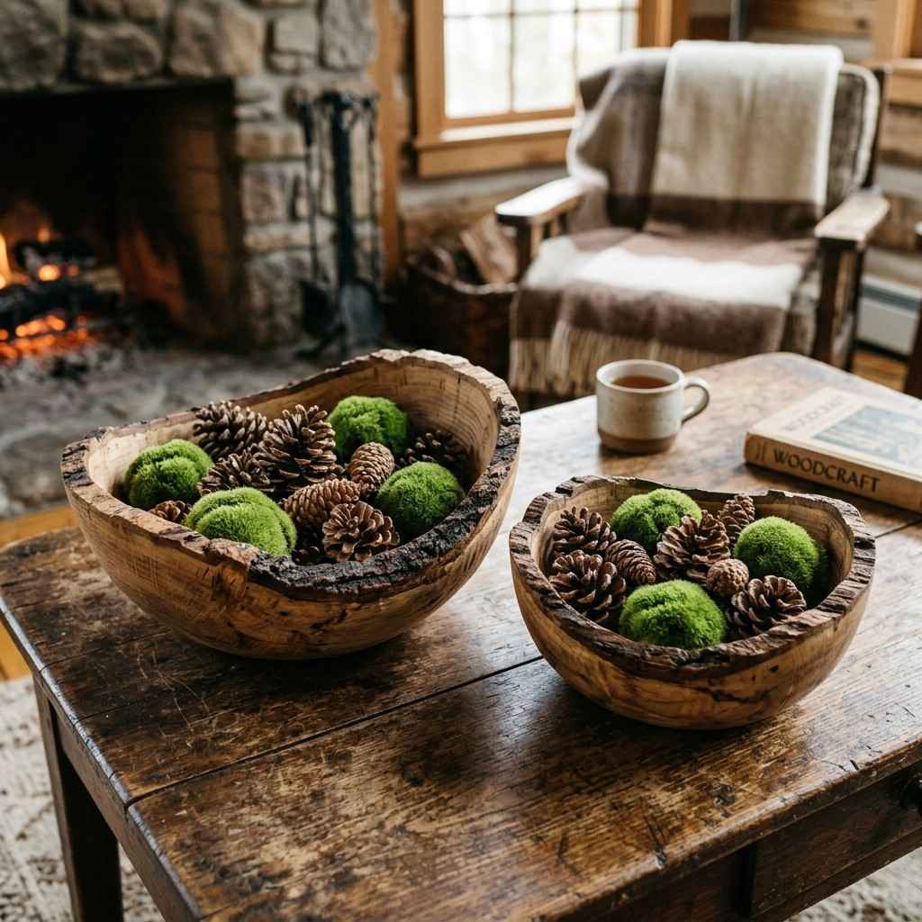 30 Cottagecore Living Room Ideas That Feel Cozy and Whimsical 19Wooden bowls with pinecones moss 202606141851
