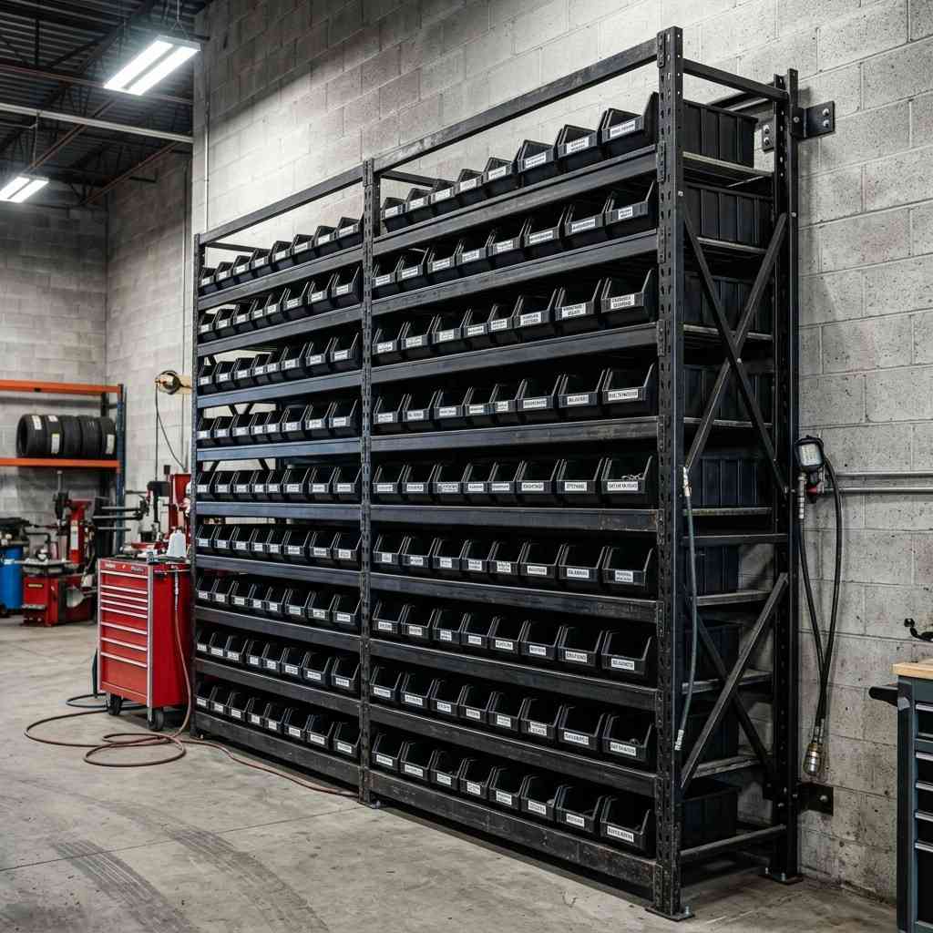 25 Easy Garage Design Interior Storage Ideas for a Clean Space 1Metal racking walls black bins 202606091853
