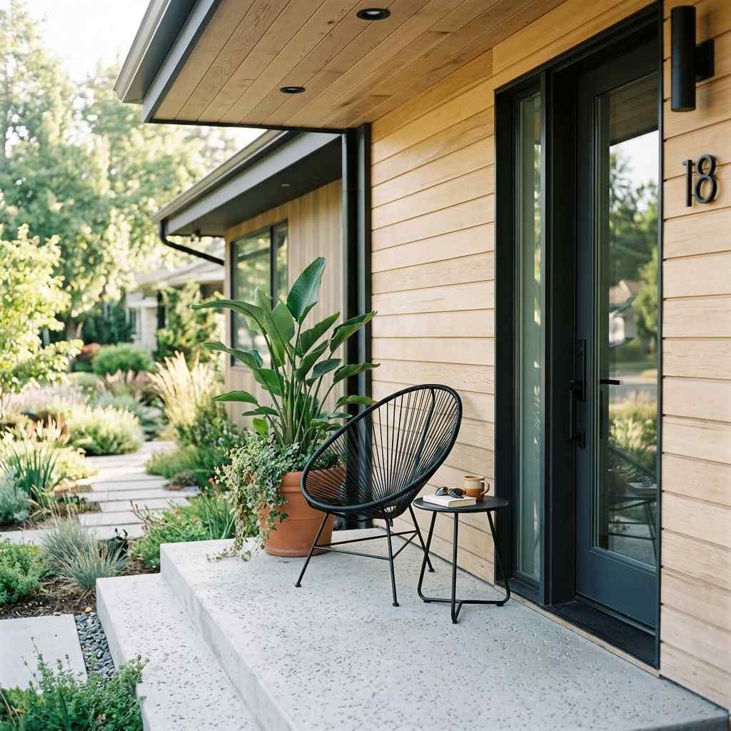 30 Awesome Modern Small Front Porch Ideas to Boost Curb Appeal 1Minimalist chair on concrete floor 202606111405