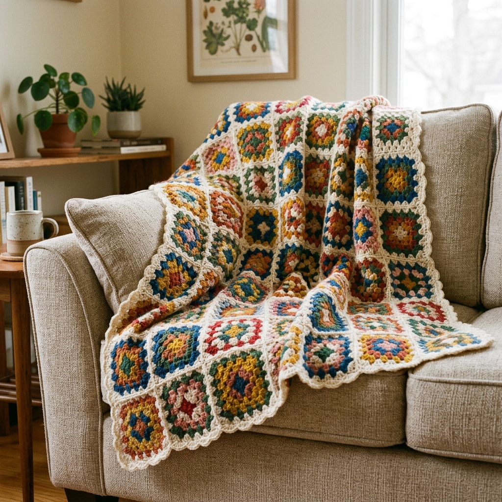 30 Grandmacore Decor Ideas to Make Your Home Feel Lived-In and Loved 2 Handmade afghan blanket on sofa 202606181157