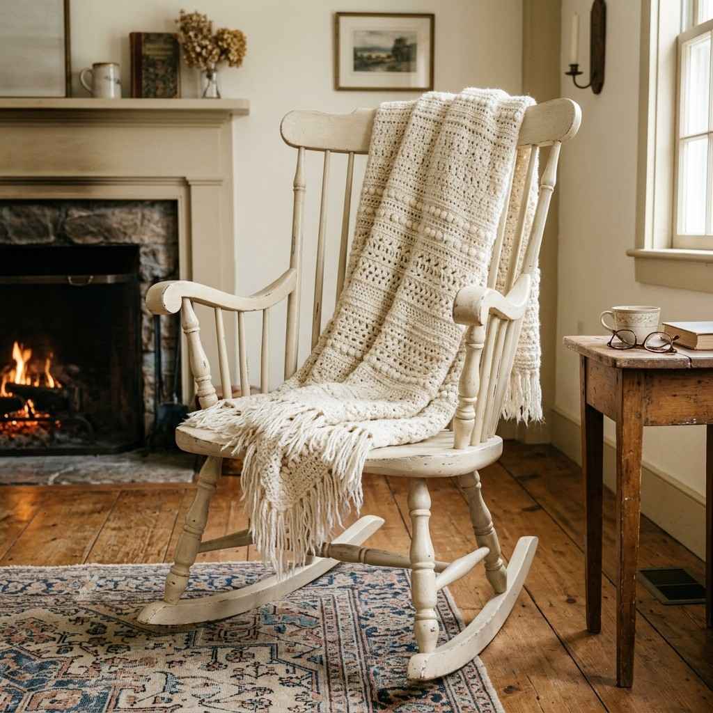 30 Cottagecore Living Room Ideas That Feel Cozy and Whimsical 20Wooden rocking chair with blanket 202606141852