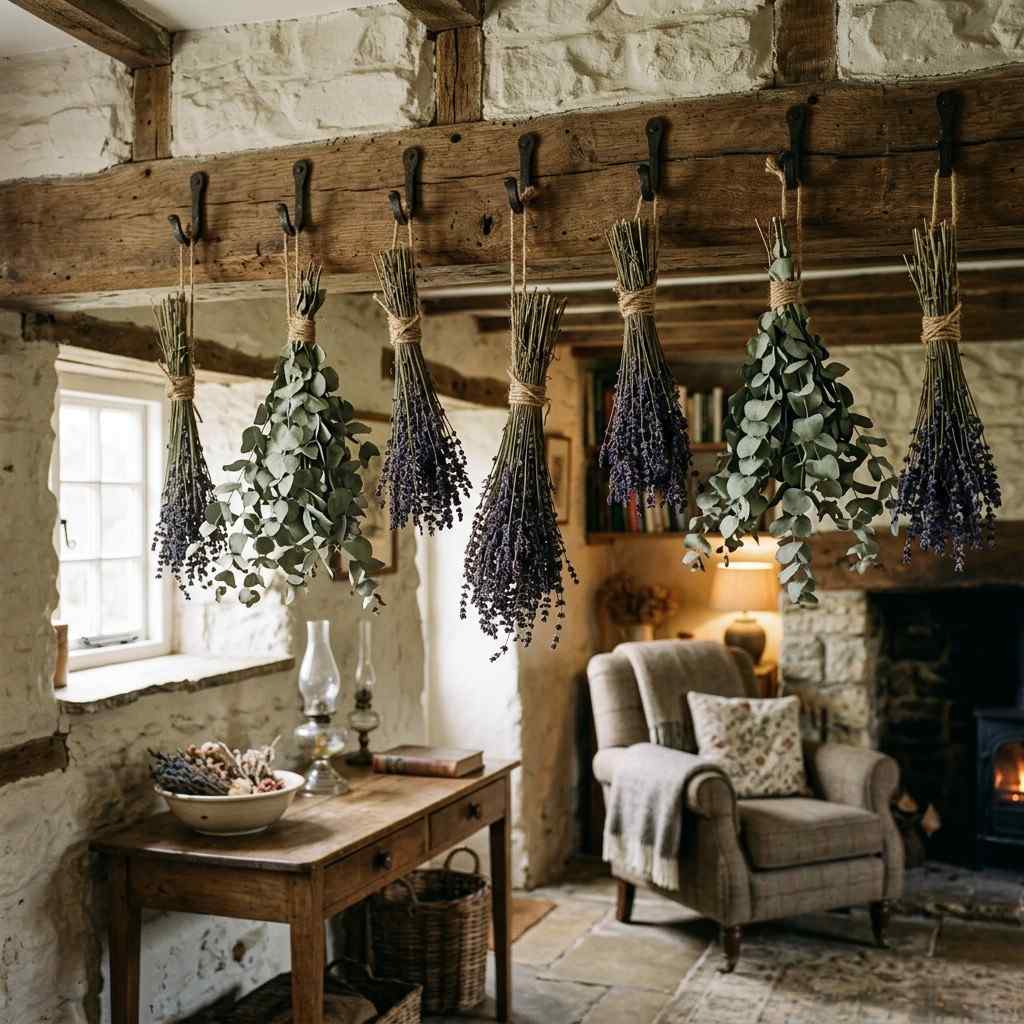 30 Cottagecore Living Room Ideas That Feel Cozy and Whimsical 21Lavender and eucalyptus hanging 202606141853