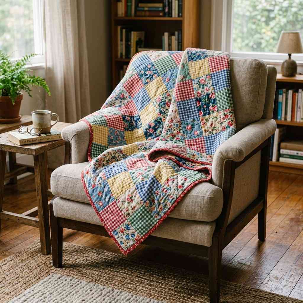 30 Cottagecore Living Room Ideas That Feel Cozy and Whimsical 22Handmade cotton patchwork quilt 202606141854