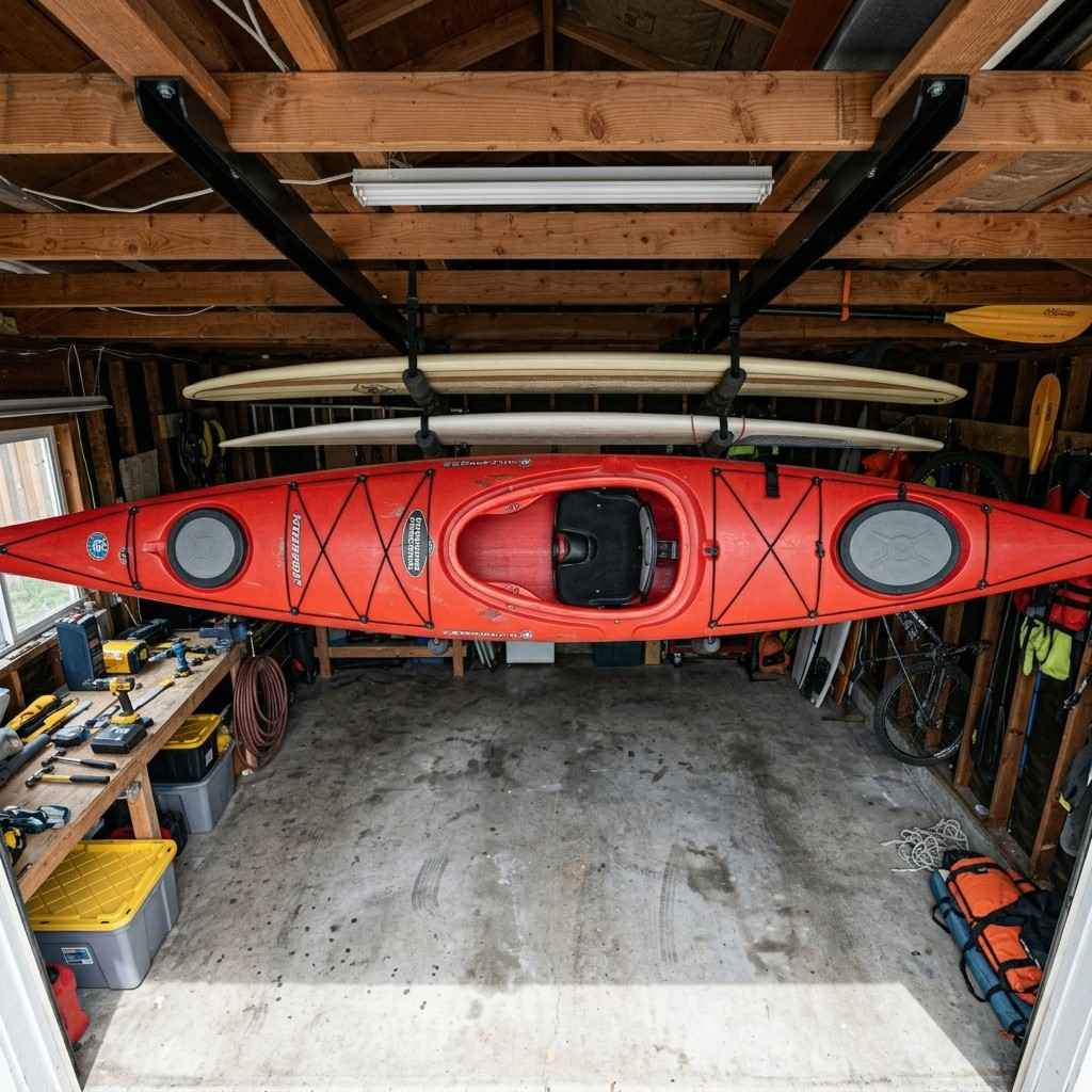 25 Easy Garage Design Interior Storage Ideas for a Clean Space 22Kayak and surfboard ceiling brac 202606091912