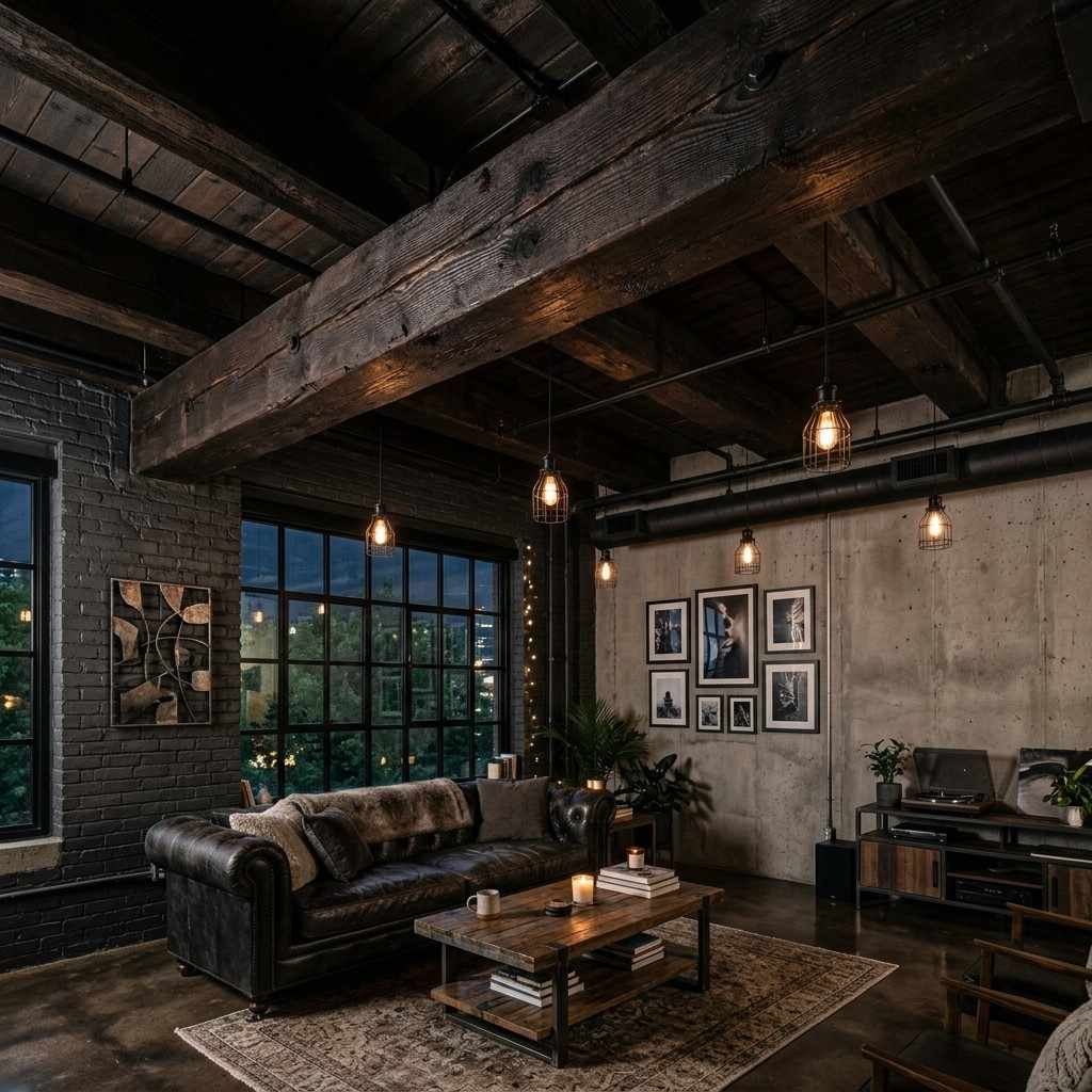 25 Dark Moody Living Room Ideas for a Dramatic and Cozy Space 22Rustic timber beams industrial l 202606201713