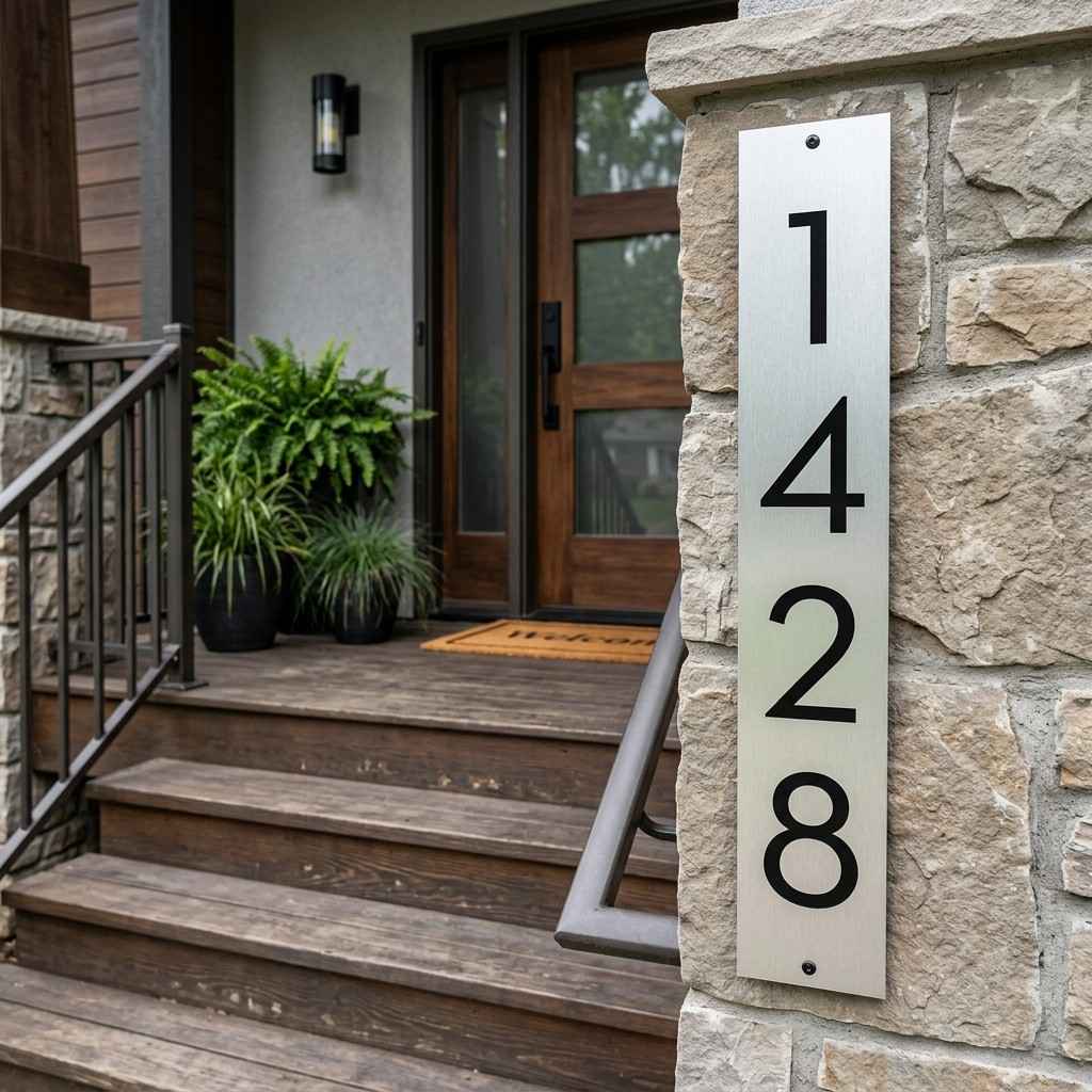 30 Awesome Modern Small Front Porch Ideas to Boost Curb Appeal 22Vertical address sign brushed al 202606111555