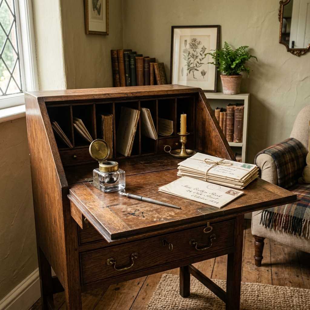 30 Cottagecore Living Room Ideas That Feel Cozy and Whimsical 23Antique walnut secretary desk in 202606141854