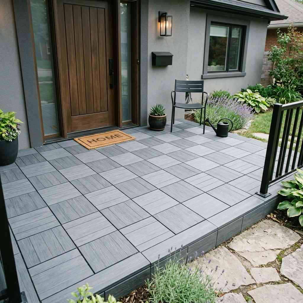 30 Awesome Modern Small Front Porch Ideas to Boost Curb Appeal 23Slate gray decking tiles installed 202606111555