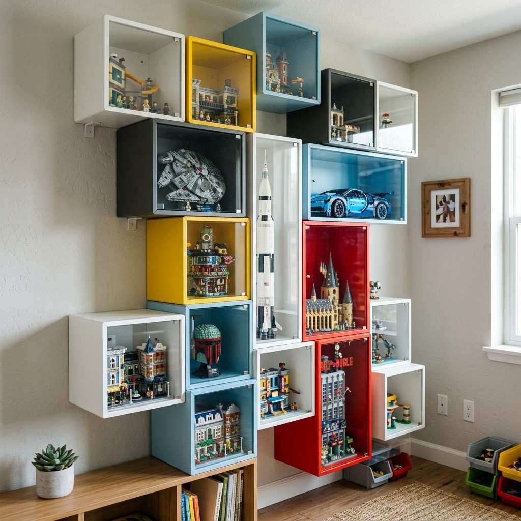 30 Genius IKEA Kids Playroom Ideas for a Stylish, Organized Space 23Wall storage displaying Lego builds 202606072244