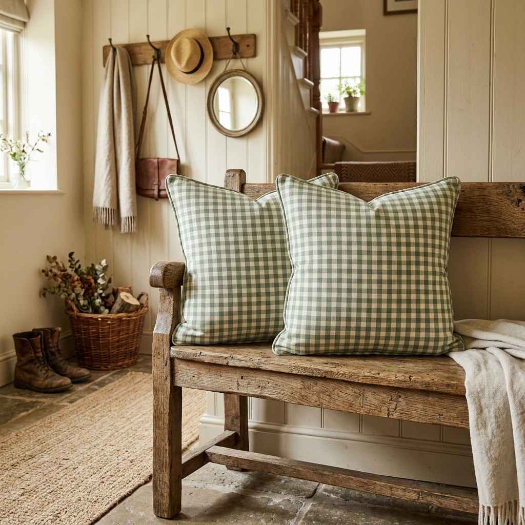 30 Cottagecore Living Room Ideas That Feel Cozy and Whimsical 24Cushions on wooden bench 202606141854